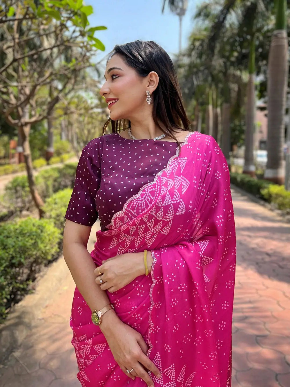 Hot Pink Bandhani Printed Georgette Saree with Designer Border