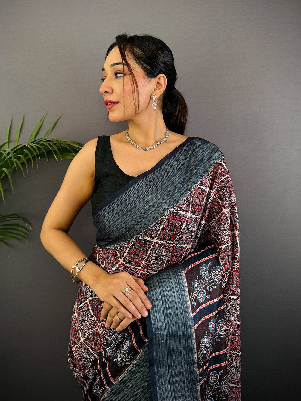 Indigo Soft Silk Saree with Traditional Ajrakh Print & Woven Border