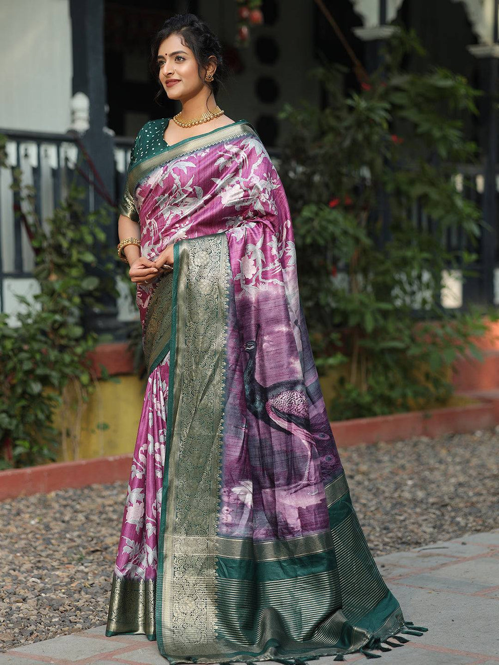 Purple & Green Banarasi Soft Silk Saree with Peacock Pallu & Zari Border