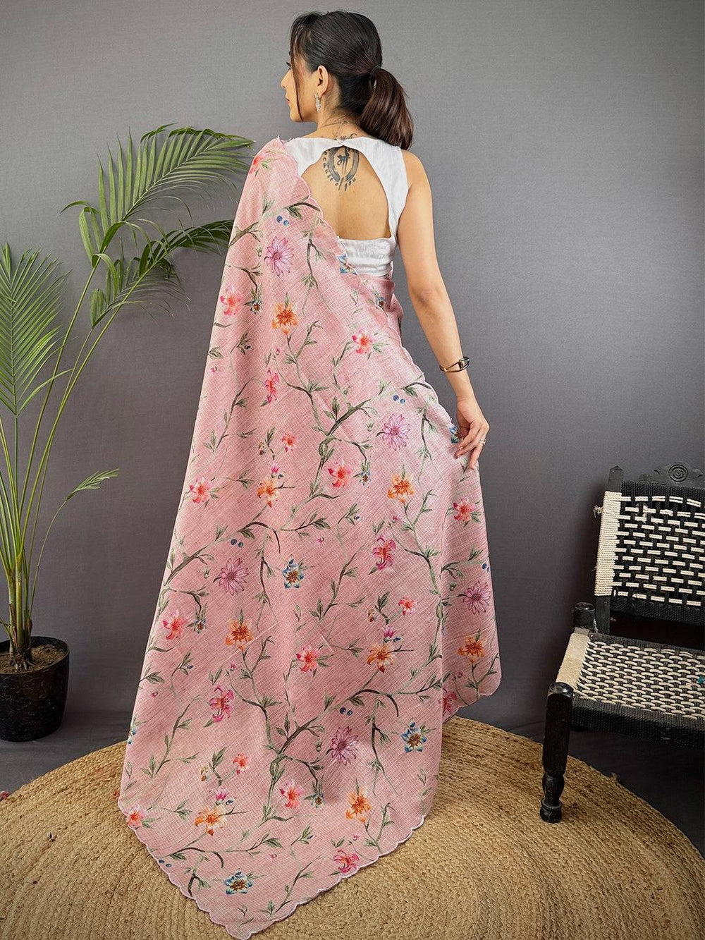Pink Soft Linen Saree with Floral Digital Print