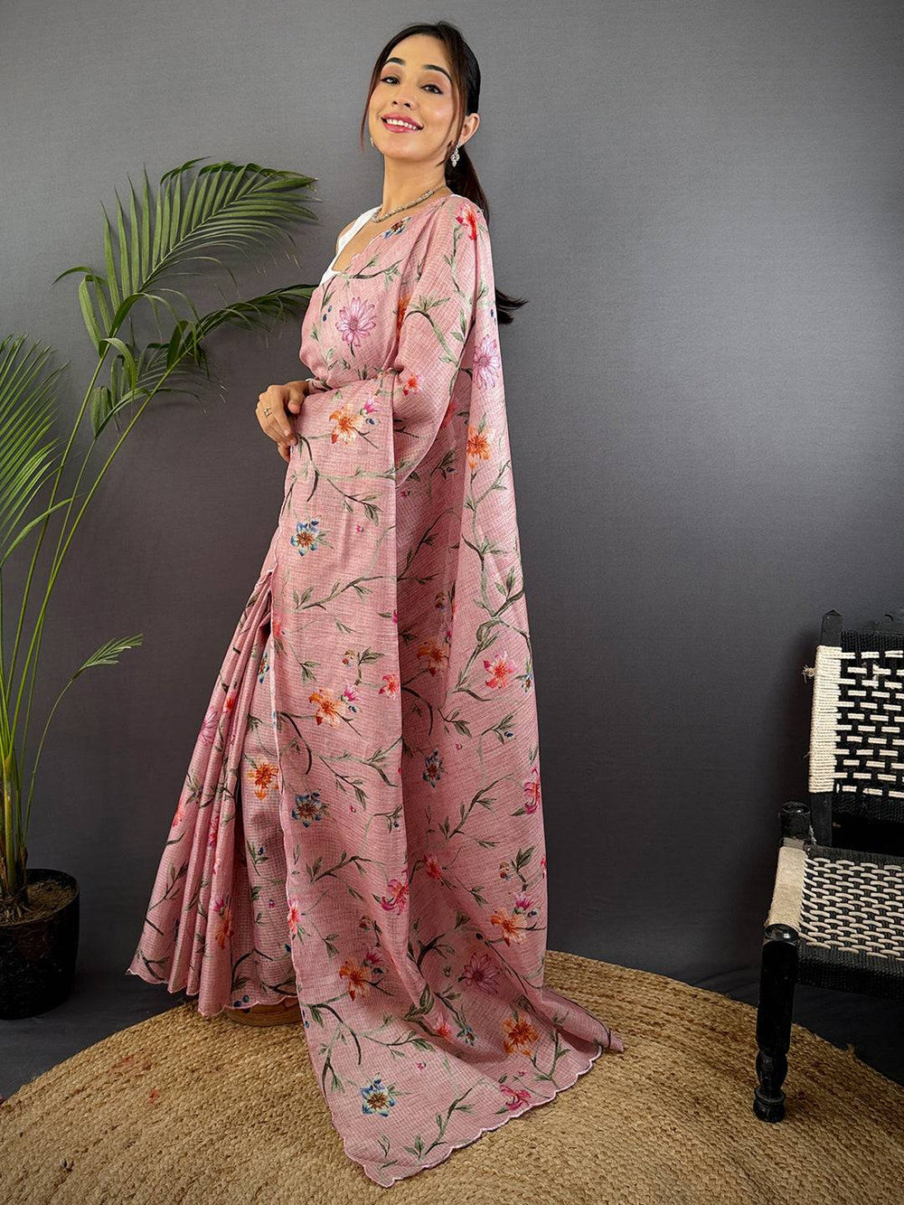 Pink Soft Linen Saree with Floral Digital Print