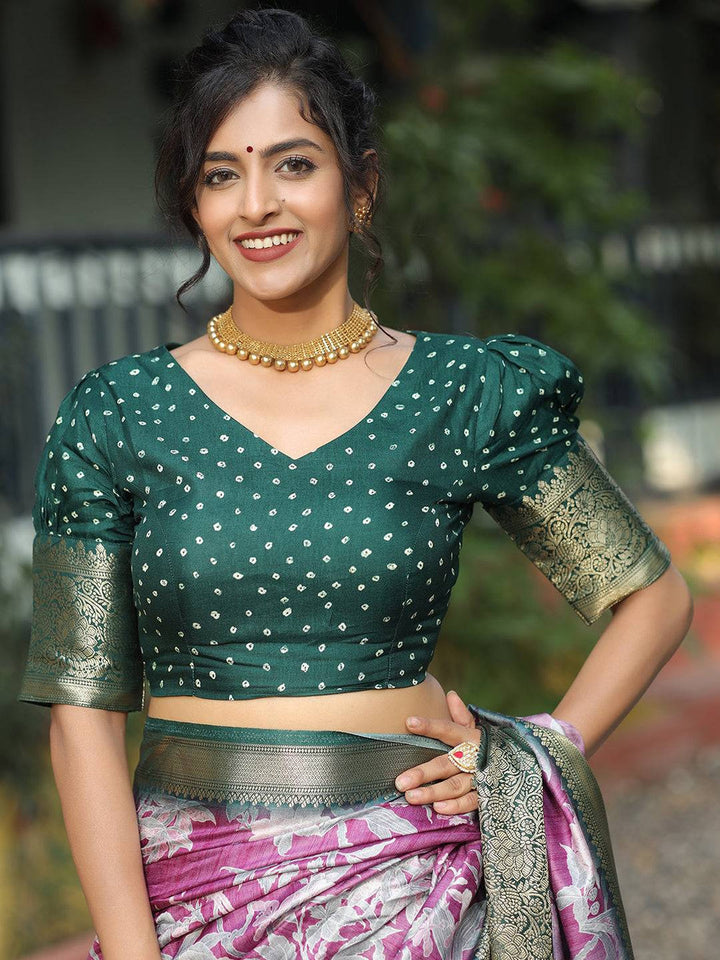 Purple & Green Banarasi Soft Silk Saree with Peacock Pallu & Zari Border