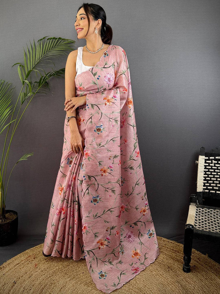 Pink Soft Linen Saree with Floral Digital Print