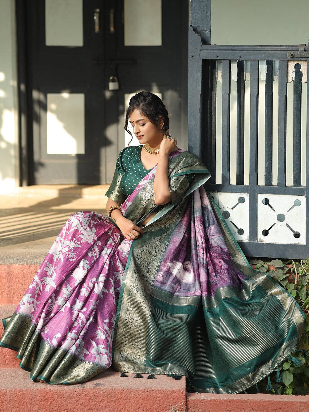 Purple & Green Banarasi Soft Silk Saree with Peacock Pallu & Zari Border