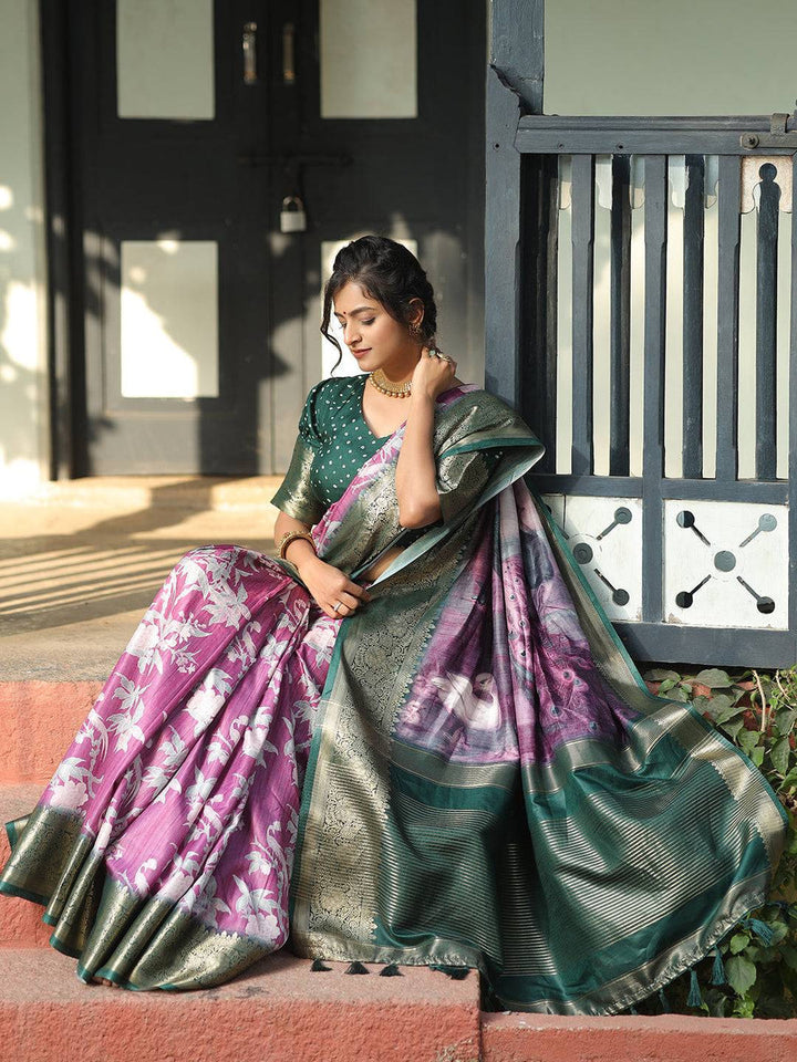 Purple & Green Banarasi Soft Silk Saree with Peacock Pallu & Zari Border