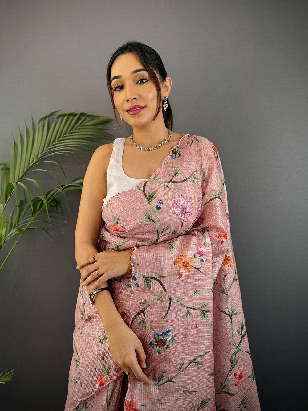 Pink Soft Linen Saree with Floral Digital Print