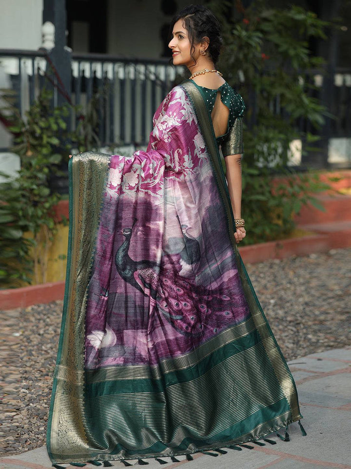 Purple & Green Banarasi Soft Silk Saree with Peacock Pallu & Zari Border