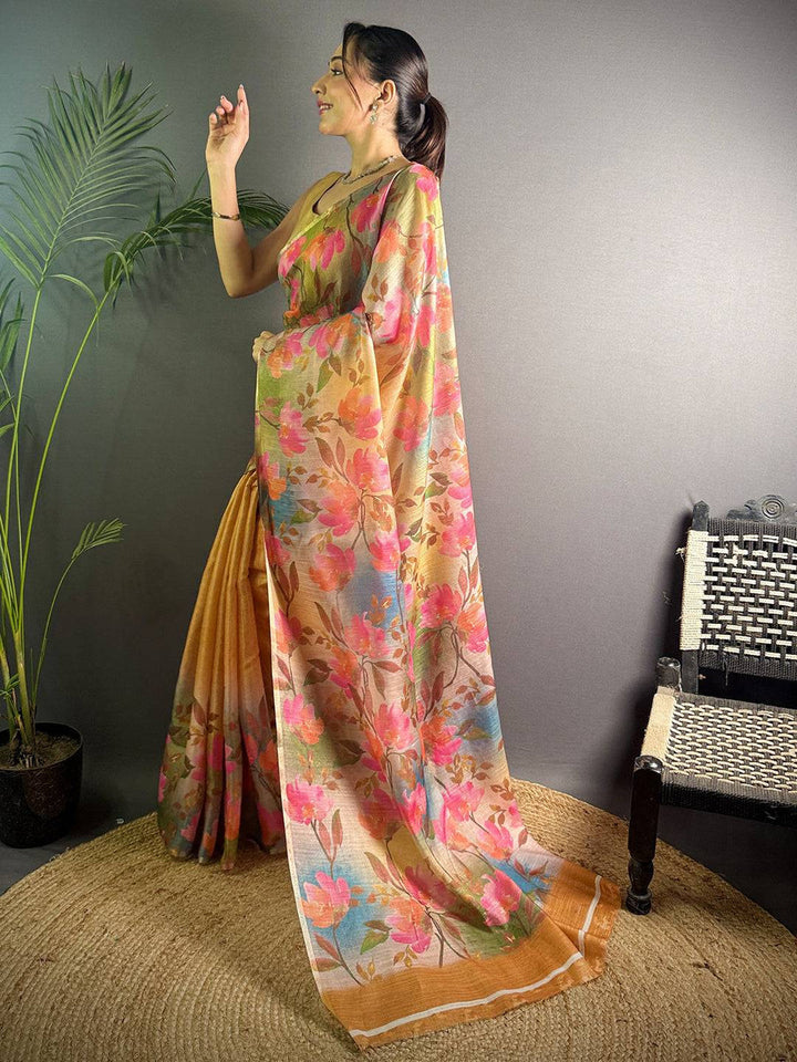 Mustard Linen Saree with Multicolor Floral Digital Print