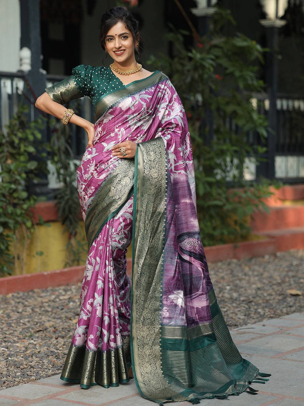 Purple & Green Banarasi Soft Silk Saree with Peacock Pallu & Zari Border
