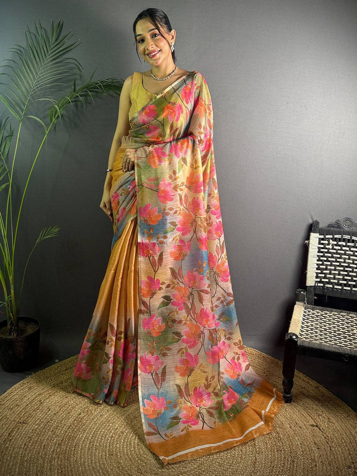 Mustard Linen Saree with Multicolor Floral Digital Print