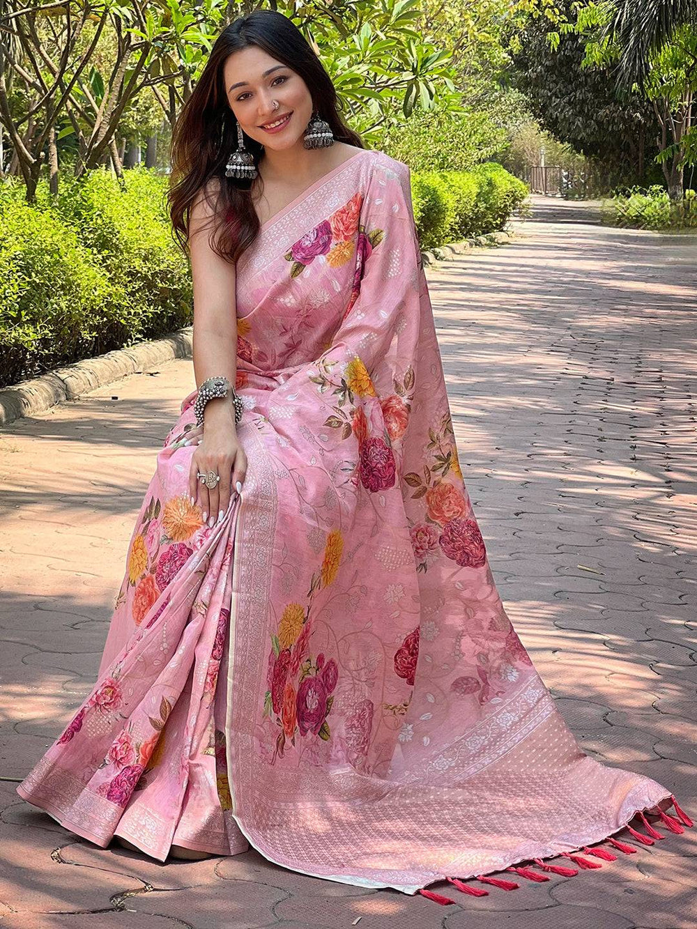 Blush Pink Floral Banarasi Soft Silk Saree with Zari Border & Tassel Pallu