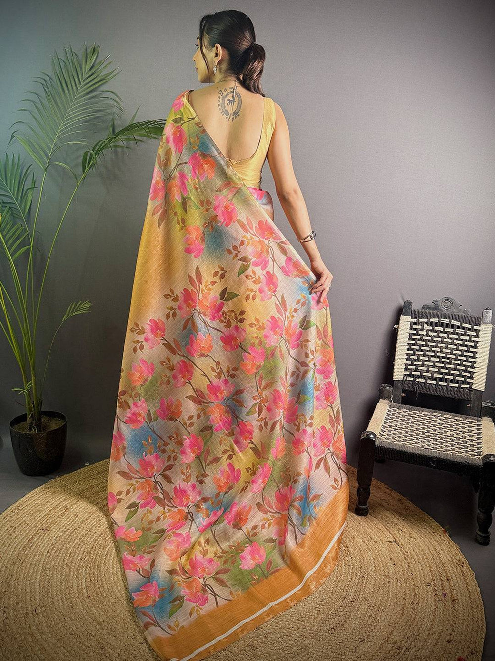 Mustard Linen Saree with Multicolor Floral Digital Print