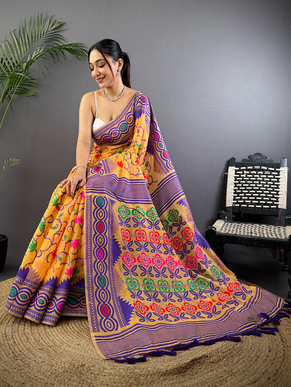 Mustard Multicolor Printed Soft Cotton Saree with Traditional Folk Art Motifs & Tassel Border