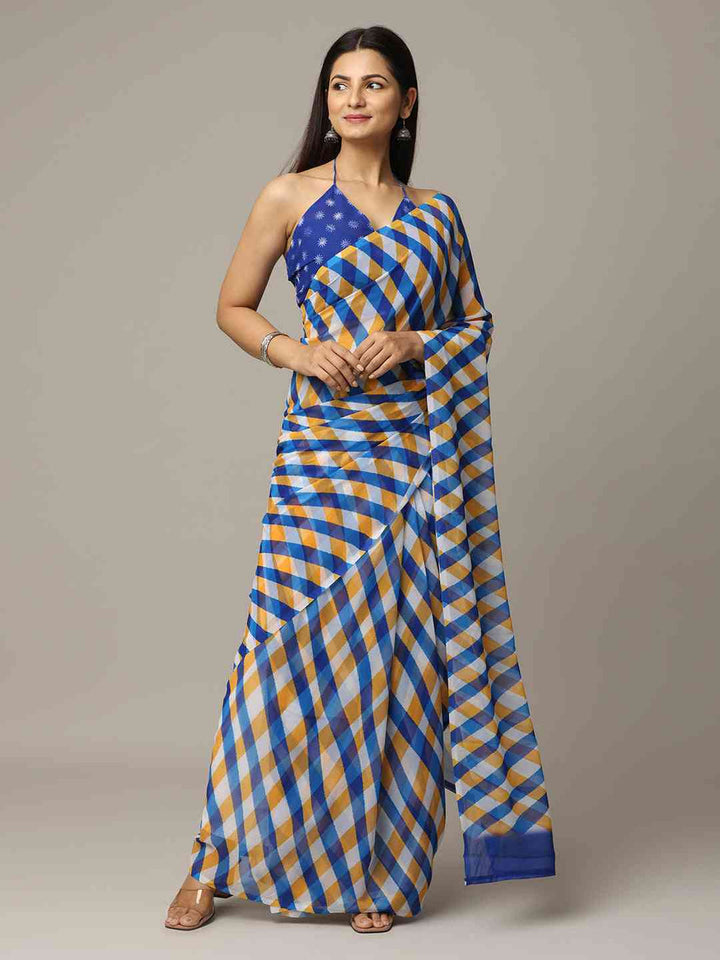 Blue & Mustard Checked Printed Georgette Saree with Contrast Halter Blouse