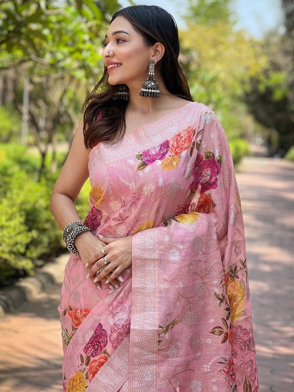 Blush Pink Floral Banarasi Soft Silk Saree with Zari Border & Tassel Pallu