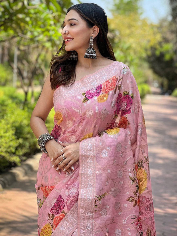 Blush Pink Floral Banarasi Soft Silk Saree with Zari Border & Tassel Pallu