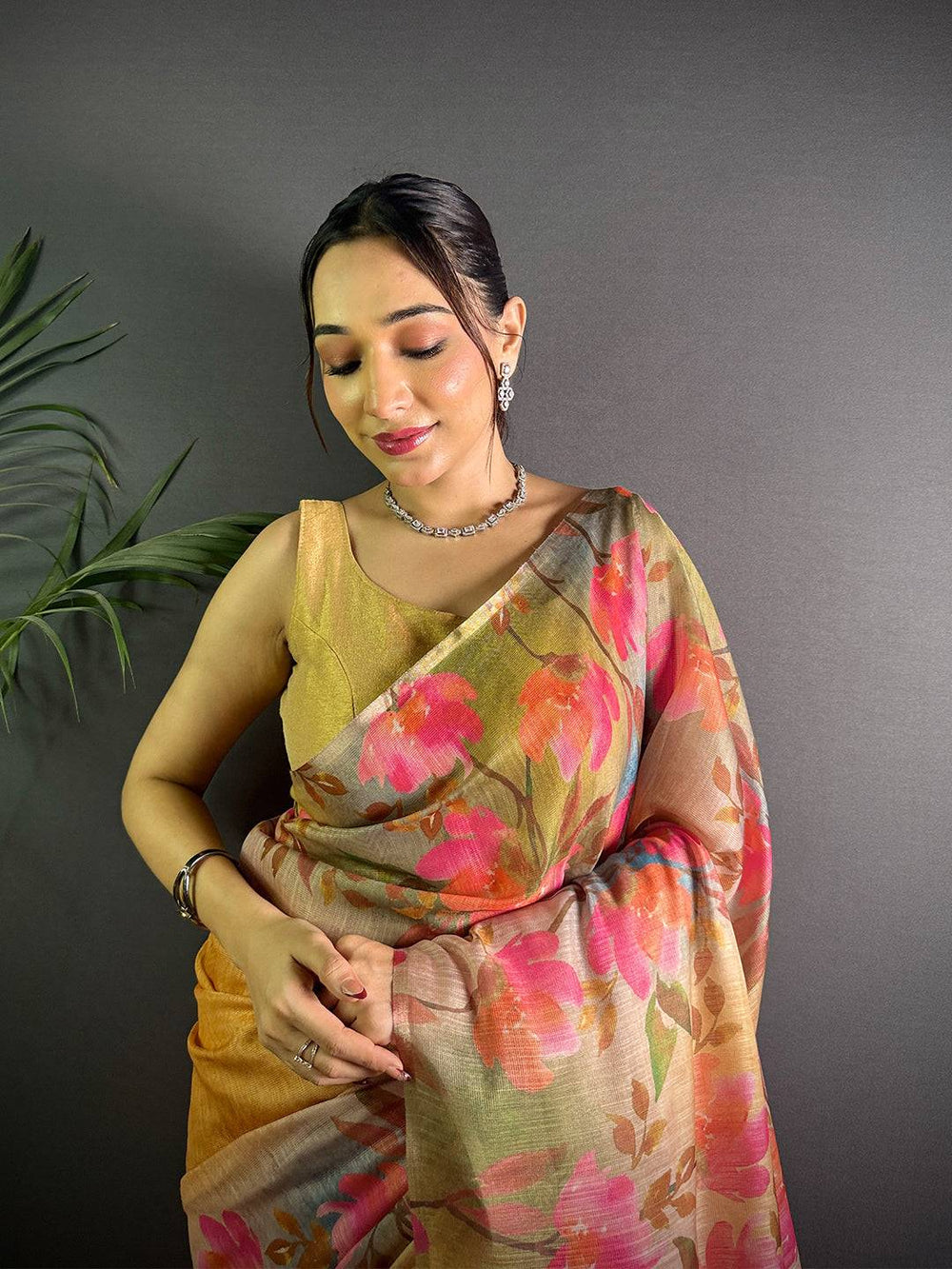 Mustard Linen Saree with Multicolor Floral Digital Print