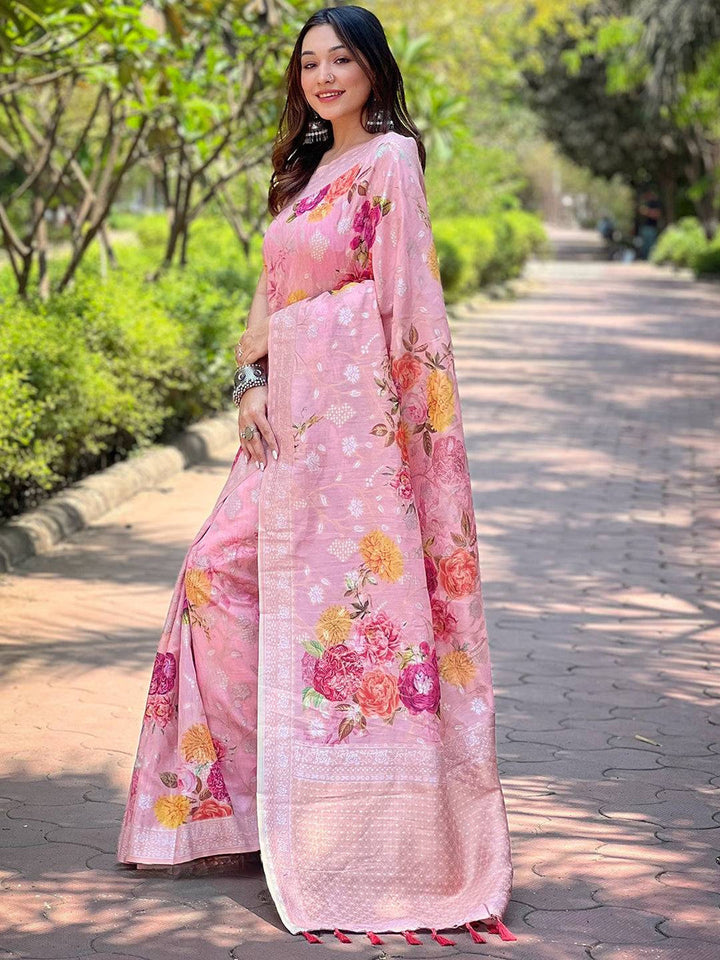 Blush Pink Floral Banarasi Soft Silk Saree with Zari Border & Tassel Pallu