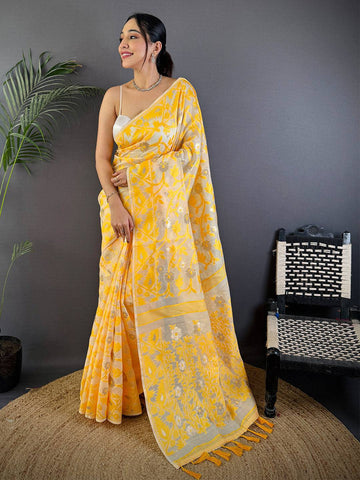Yellow Linen Saree with Silver Zari Floral Weaving