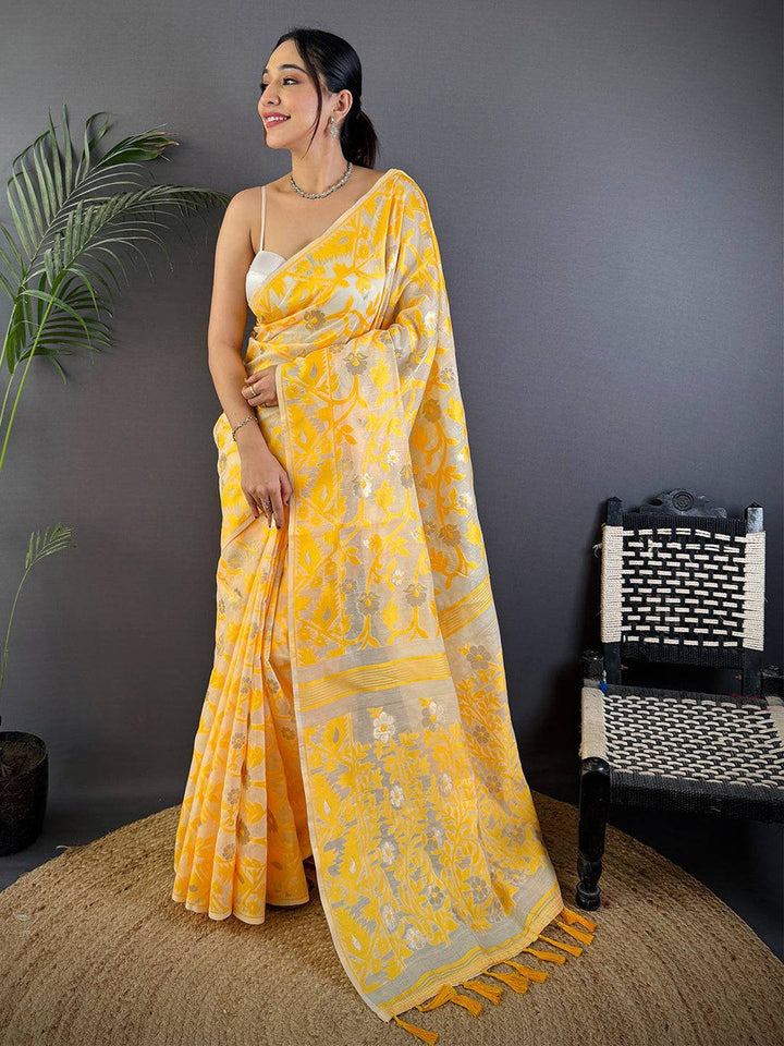 Yellow Linen Saree with Silver Zari Floral Weaving