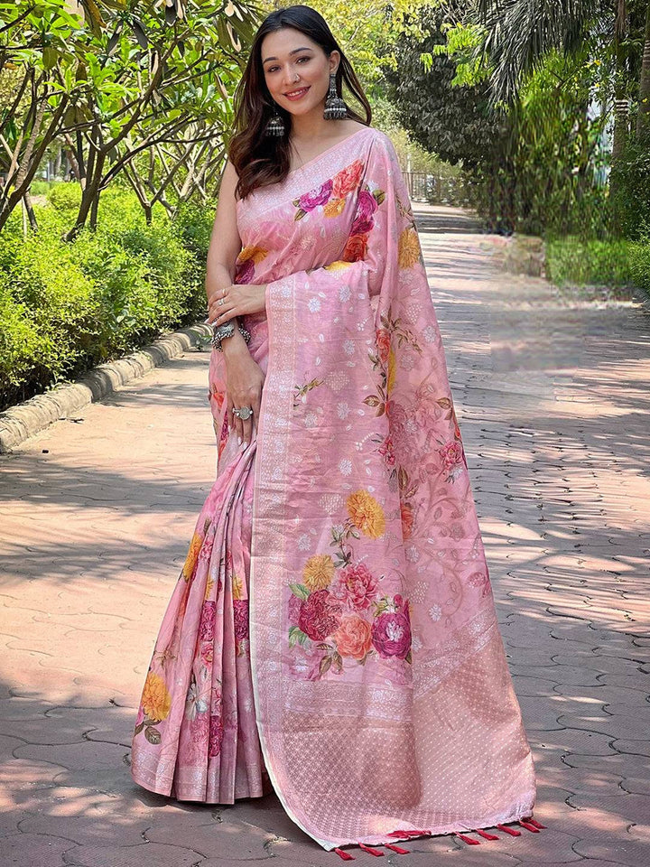 Blush Pink Floral Banarasi Soft Silk Saree with Zari Border & Tassel Pallu