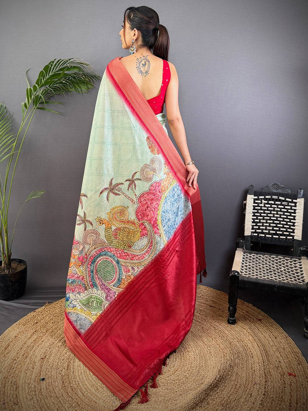 Mint Green & Red Soft Silk Saree with Colorful Paisley Print