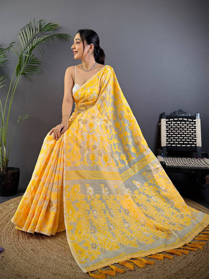 Yellow Linen Saree with Silver Zari Floral Weaving
