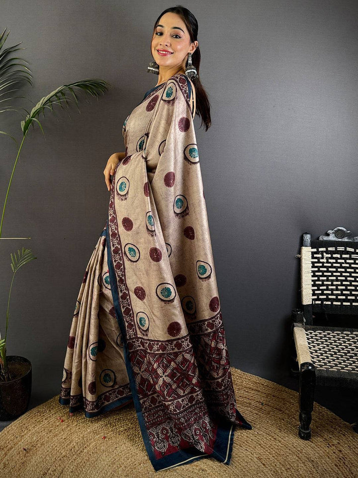 Beige Printed Linen Saree with Maroon & Teal Motifs