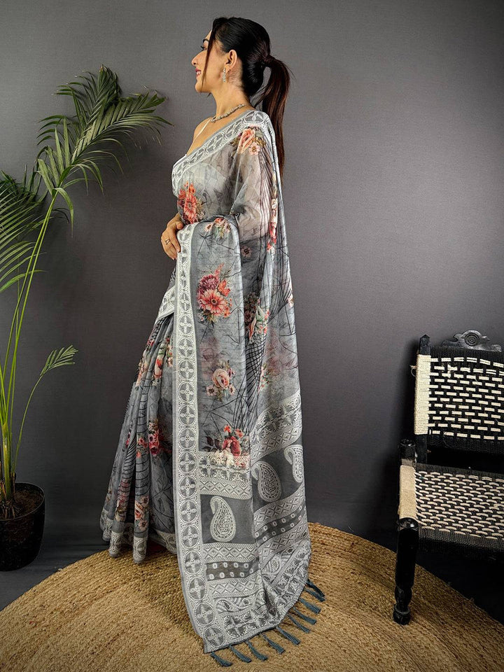 Grey Floral Printed Soft Silk Saree with Elegant Lace Border
