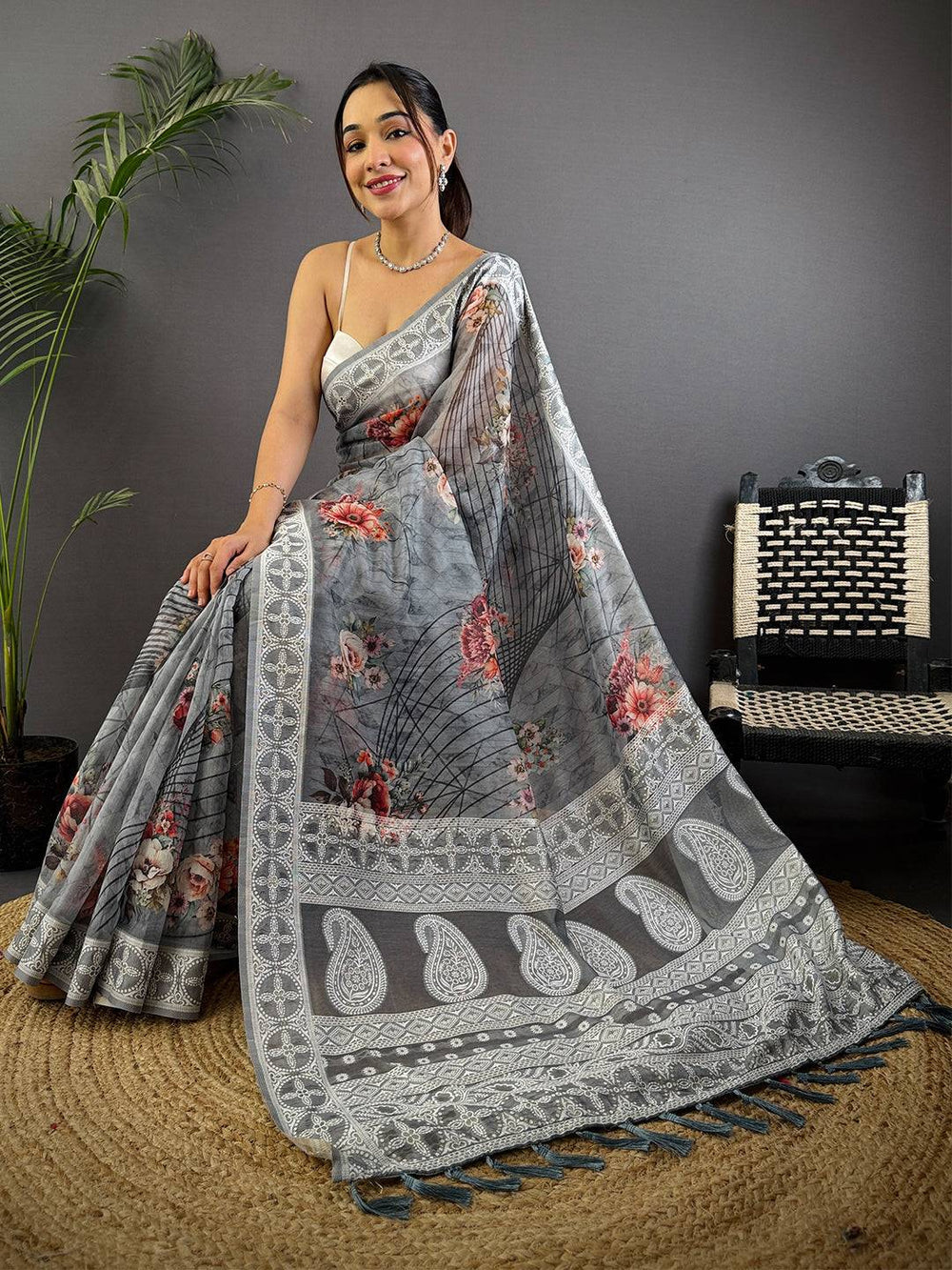 Grey Floral Printed Soft Silk Saree with Elegant Lace Border