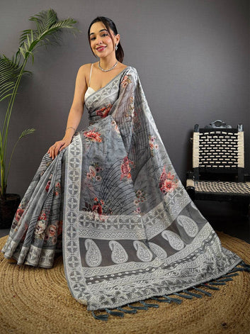 Grey Floral Printed Soft Silk Saree with Elegant Lace Border