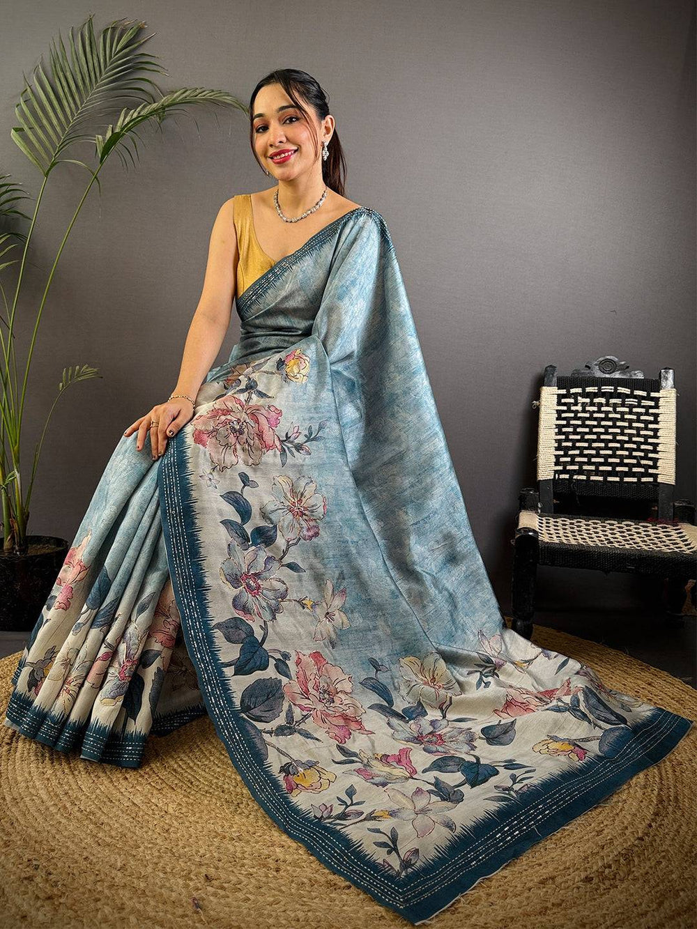 Teal Blue Soft Silk Saree with Floral Print & Thread Border