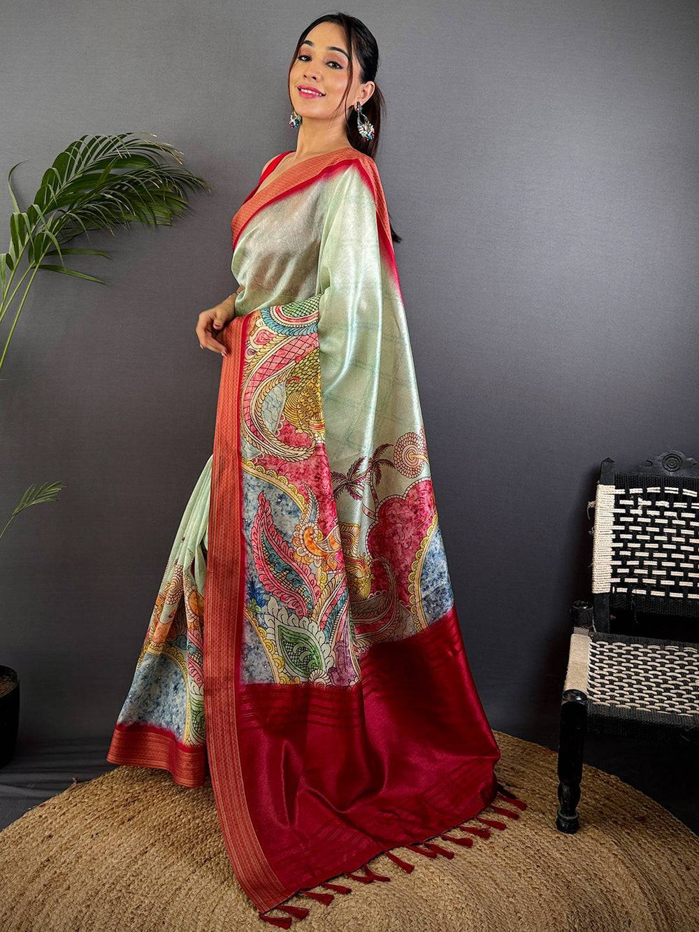 Mint Green & Red Soft Silk Saree with Colorful Paisley Print
