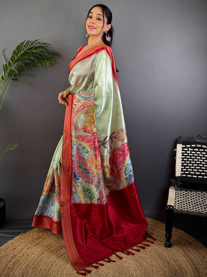 Mint Green & Red Soft Silk Saree with Colorful Paisley Print
