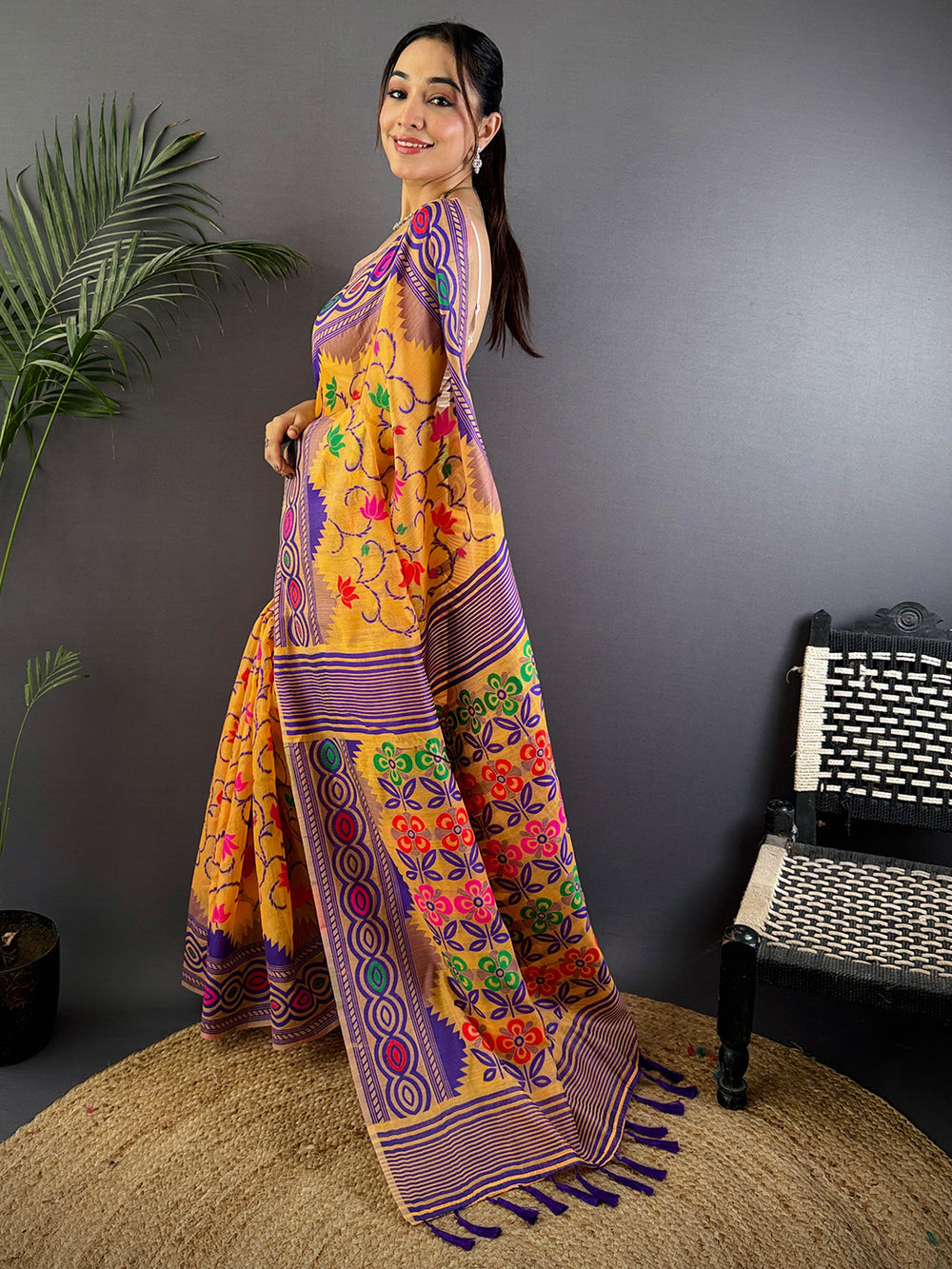 Mustard Multicolor Printed Soft Cotton Saree with Traditional Folk Art Motifs & Tassel Border