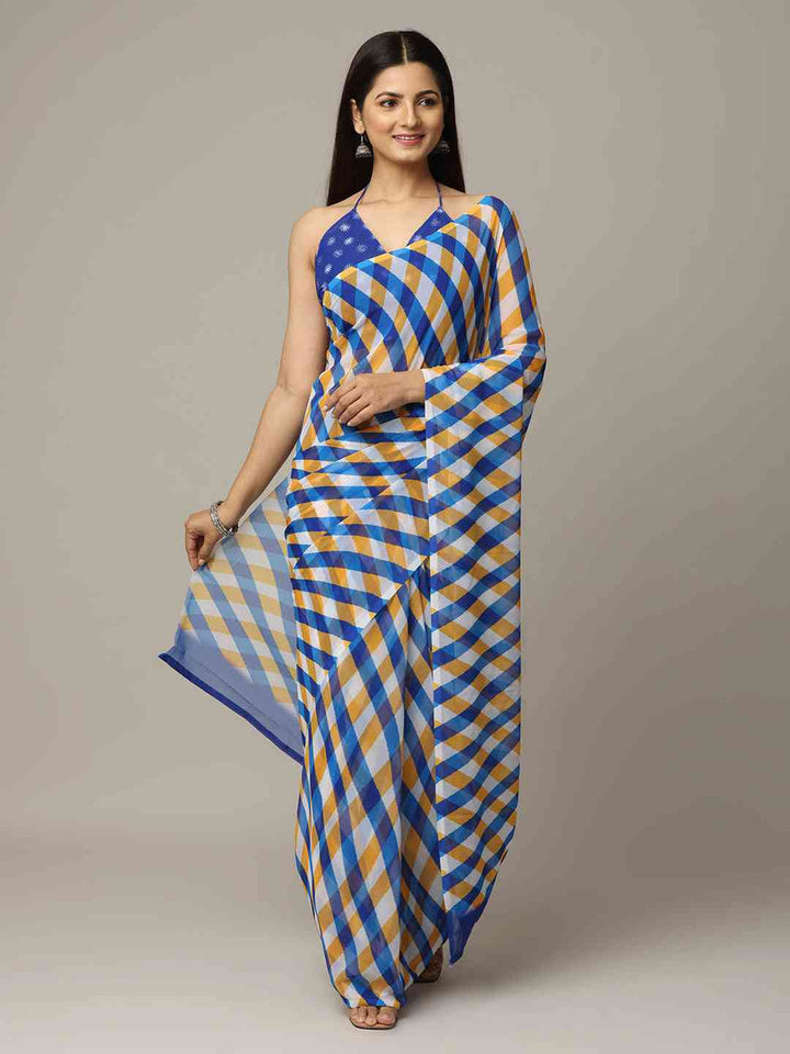 Blue & Mustard Checked Printed Georgette Saree with Contrast Halter Blouse