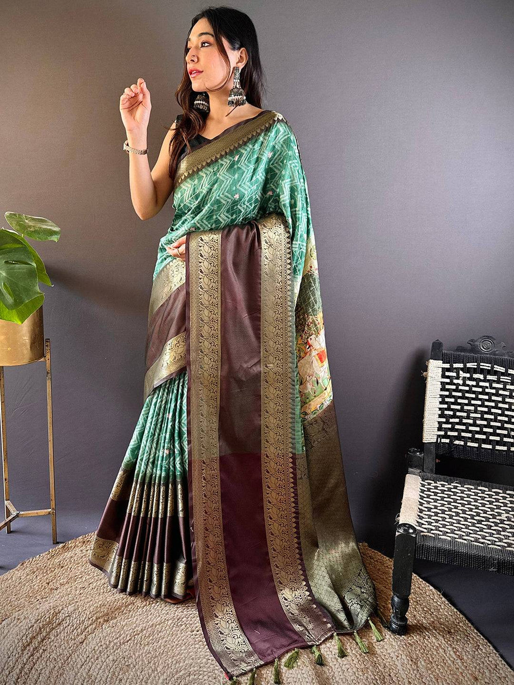 Green & Brown Banarasi Soft Silk Saree with Antique Zari Border & Designer Pallu