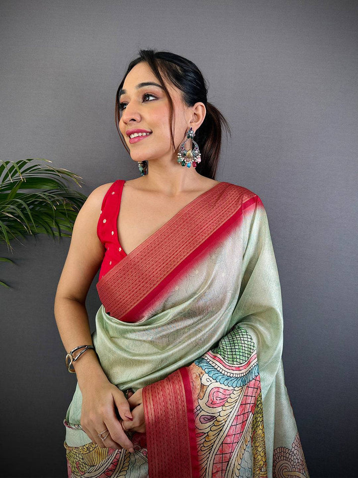 Mint Green & Red Soft Silk Saree with Colorful Paisley Print