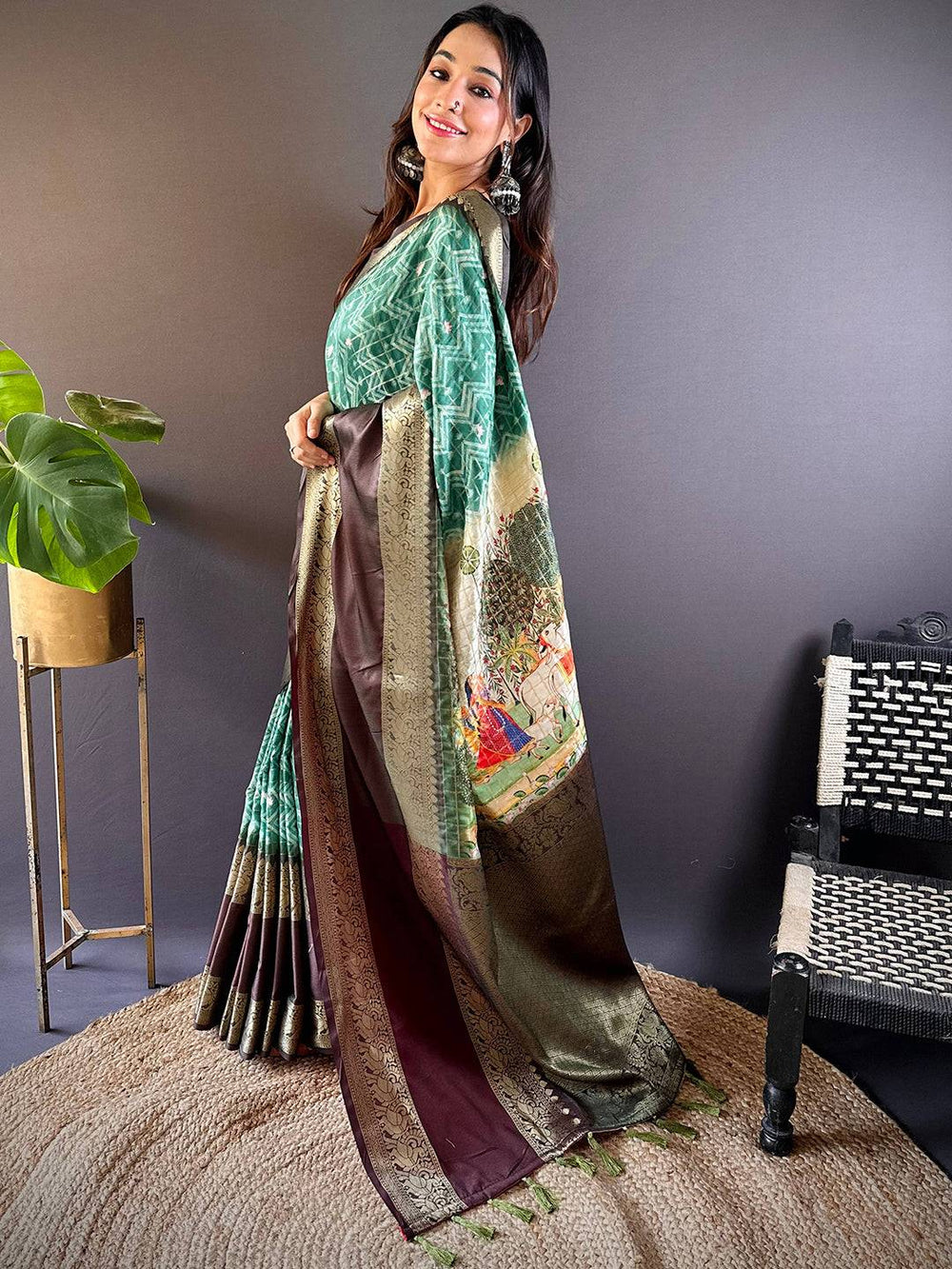 Green & Brown Banarasi Soft Silk Saree with Antique Zari Border & Designer Pallu