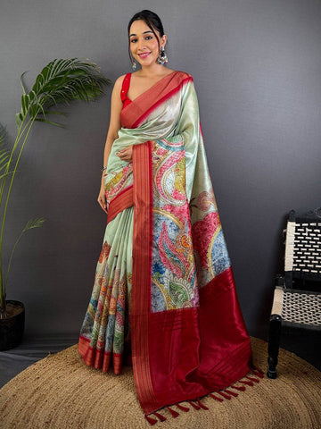 Mint Green & Red Soft Silk Saree with Colorful Paisley Print