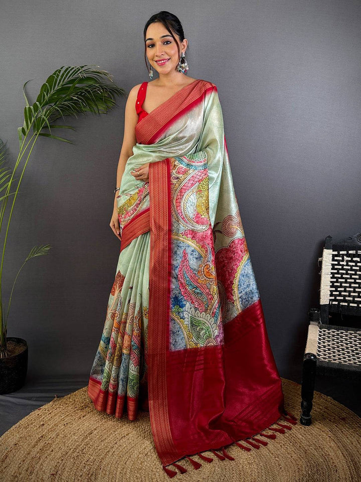Mint Green & Red Soft Silk Saree with Colorful Paisley Print
