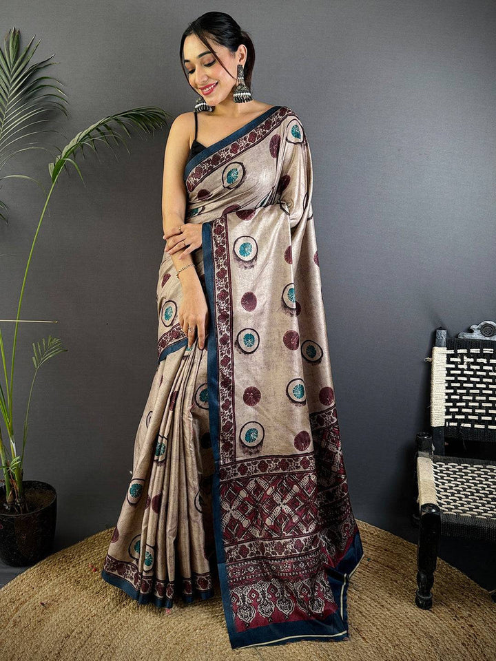Beige Printed Linen Saree with Maroon & Teal Motifs