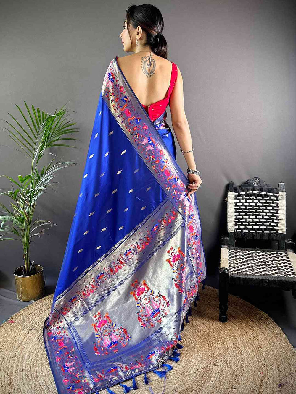Royal Blue Banarasi Soft Silk Saree with Silver Zari Border & Multicolor Meenakari Pallu