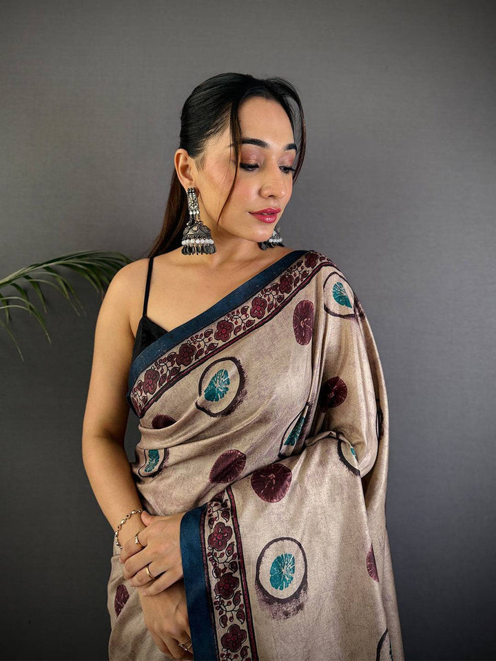 Beige Printed Linen Saree with Maroon & Teal Motifs