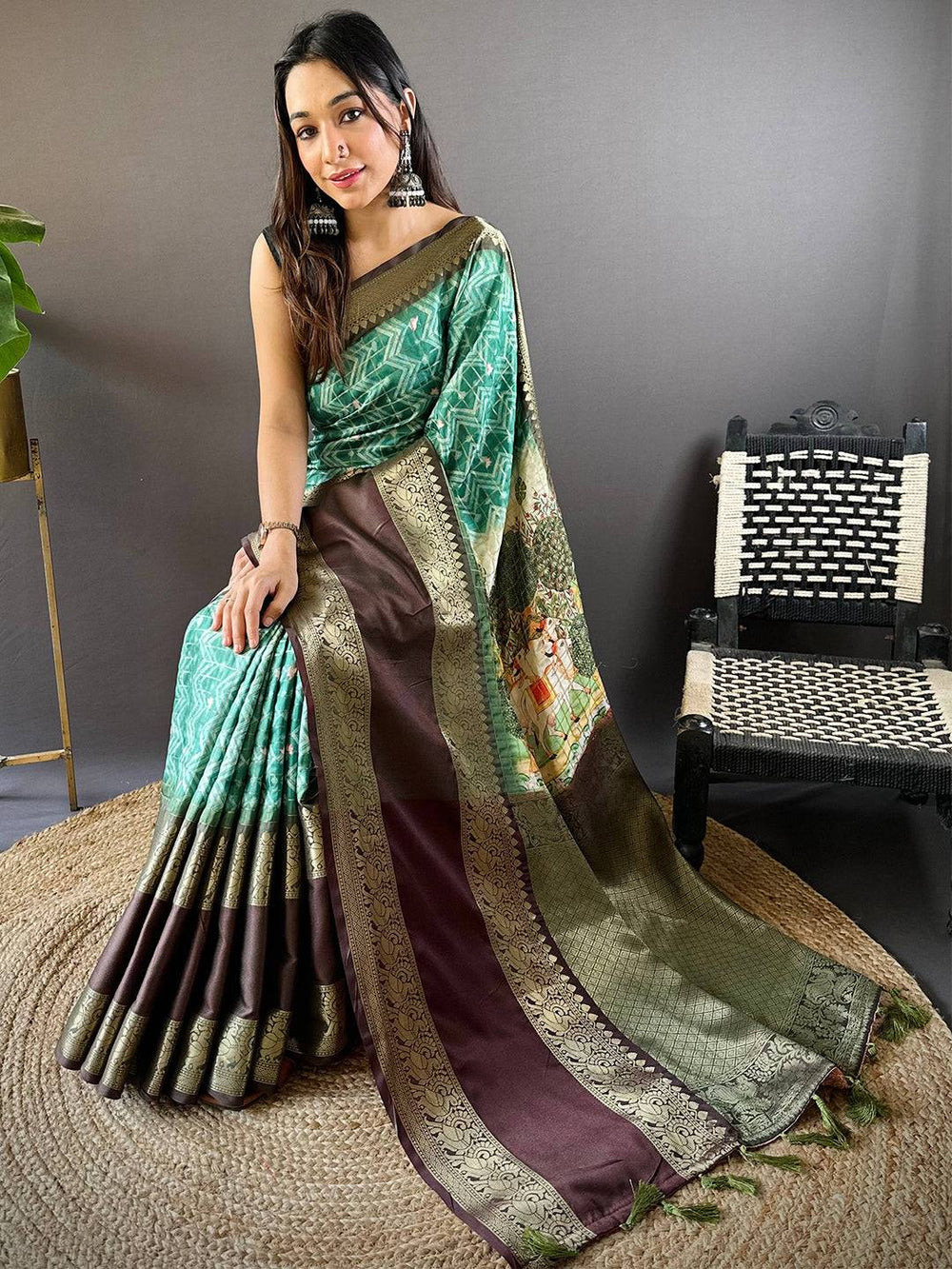 Green & Brown Banarasi Soft Silk Saree with Antique Zari Border & Designer Pallu