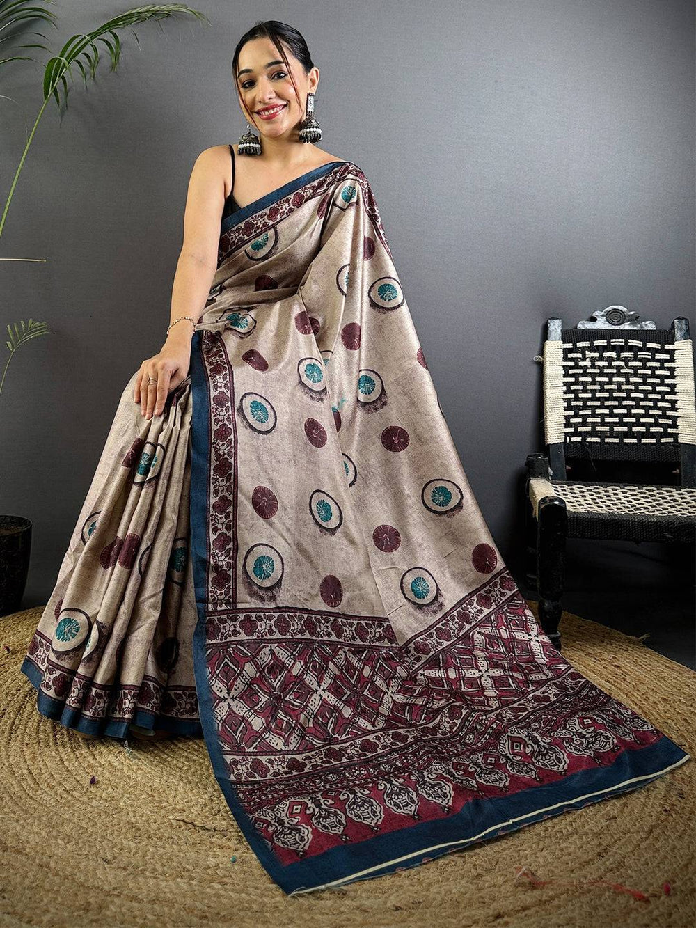 Beige Printed Linen Saree with Maroon & Teal Motifs