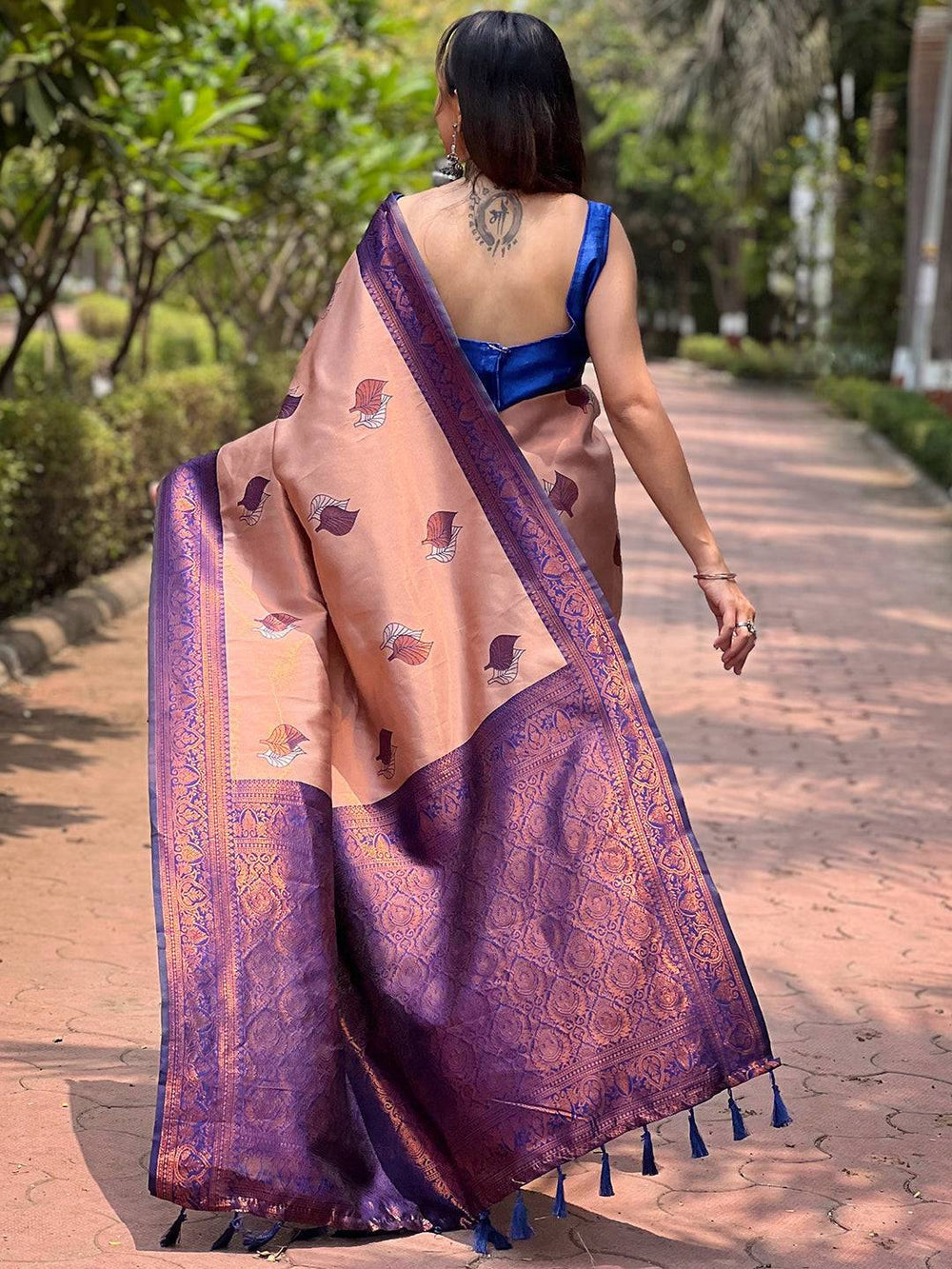 Peach & Purple Banarasi Soft Silk Saree with Zari Border & Leaf Motifs