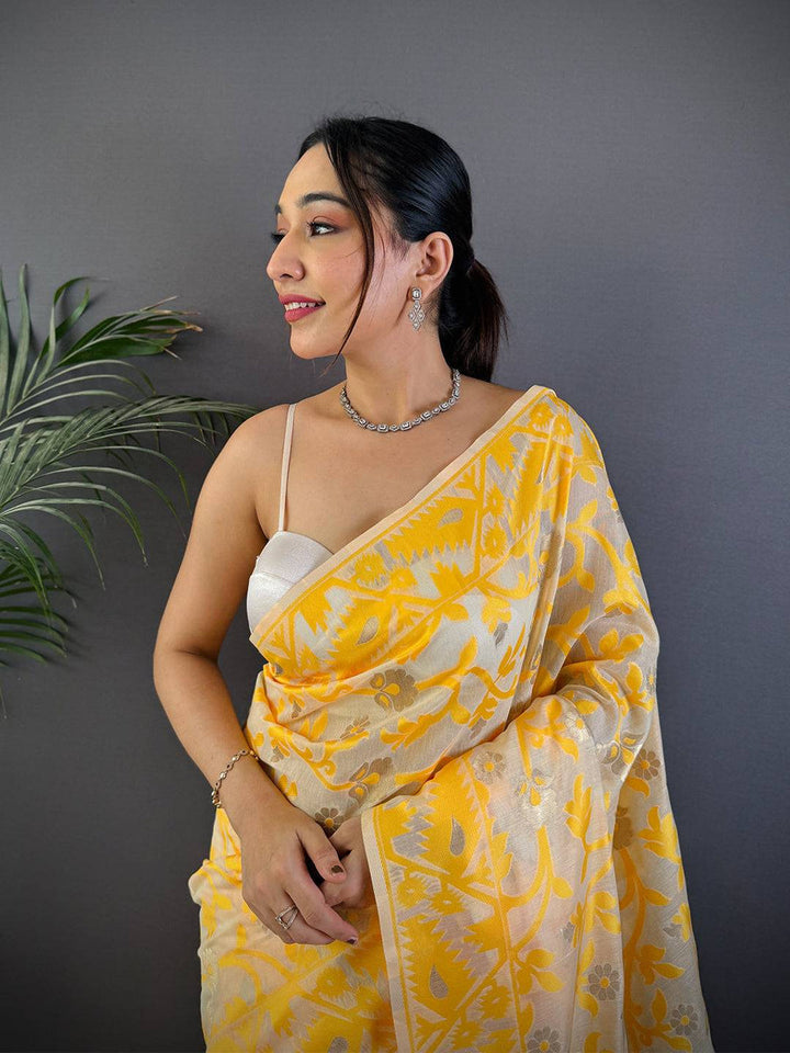 Yellow Linen Saree with Silver Zari Floral Weaving