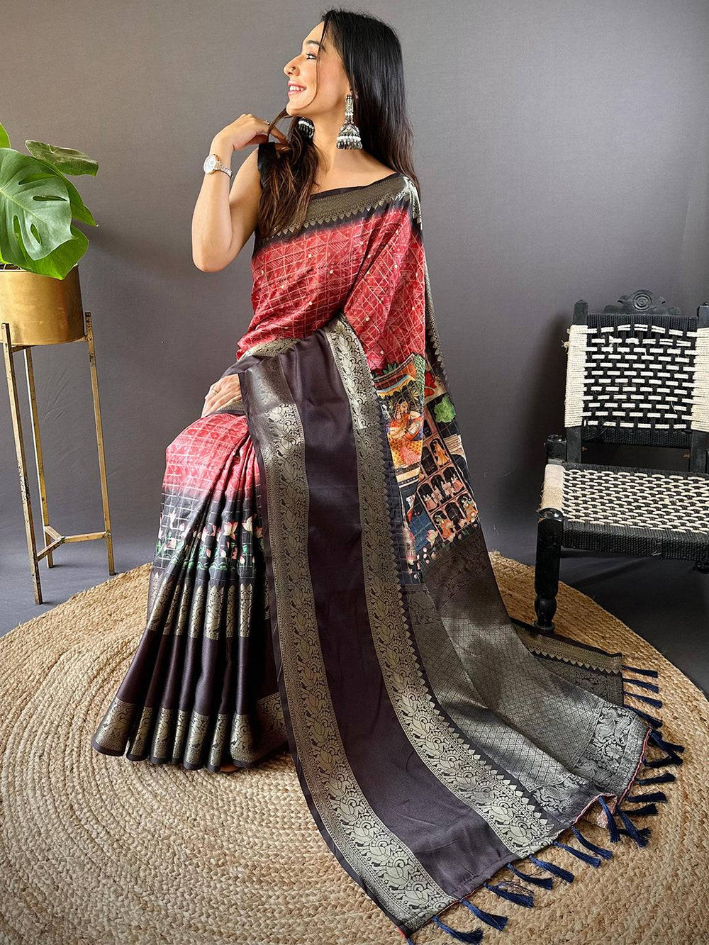 Maroon & Black Banarasi Silk Saree with Zari Border & Printed Pallu
