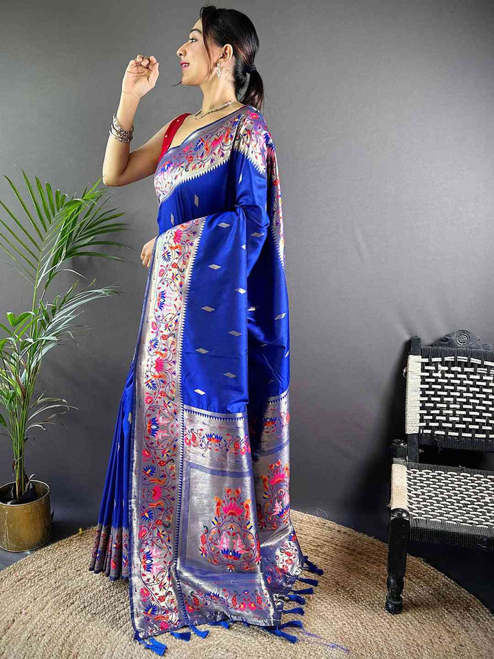 Royal Blue Banarasi Soft Silk Saree with Silver Zari Border & Multicolor Meenakari Pallu